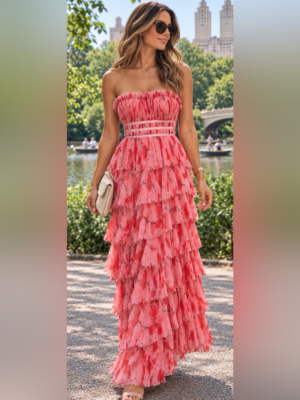 Hutch Coral-Pink Strapless Tiered Ruffle Maxi Dress